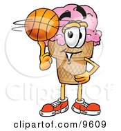 Clipart Picture Of An Ice Cream Cone Mascot Cartoon Character Spinning A Basketball On His Finger