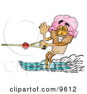 Poster, Art Print Of Ice Cream Cone Mascot Cartoon Character Waving While Water Skiing
