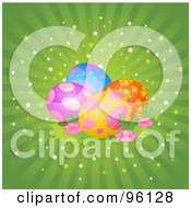 Royalty Free RF Clipart Illustration Of A Colorful Group Of Floral Butterfly And Spotted Easter Eggs In Grass And Flowers Over Green