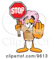 Clipart Picture Of An Ice Cream Cone Mascot Cartoon Character Holding A Stop Sign