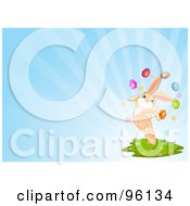 Poster, Art Print Of Happy Easter Bunny Jumping With Easter Eggs On A Blue Ray Background