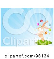 Royalty Free RF Clipart Illustration Of A Happy Easter Bunny Jumping With Easter Eggs On A Blue Ray Background