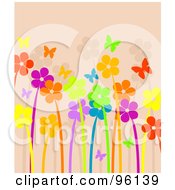 Poster, Art Print Of Background Of Bright And Neon Flowers And Butterflies Over Beige