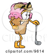 Poster, Art Print Of Ice Cream Cone Mascot Cartoon Character Leaning On A Golf Club While Golfing