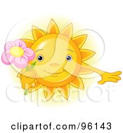 Poster, Art Print Of Cute Sun Face Holding A Pink Flower
