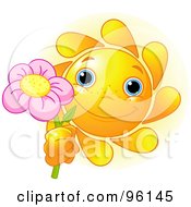 Poster, Art Print Of Cute Sun Face Holding Up A Pink Flower