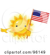 Poster, Art Print Of Cute Sun Face Holding An American Flag