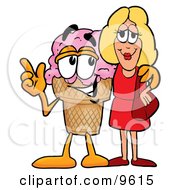 Poster, Art Print Of Ice Cream Cone Mascot Cartoon Character Talking To A Pretty Blond Woman
