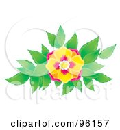 Royalty Free RF Clipart Illustration Of A Pretty Airbrushed Pink And Yellow Flower Blooming Over Green Leaves
