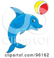 Poster, Art Print Of Playful Blue Dolphin With A Red White And Yellow Ball