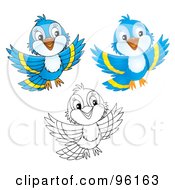 Royalty Free RF Clipart Illustration Of A Digital Collage Of Three Bluebirds Shown In Airbrush Cartoon And Outline