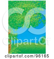 Poster, Art Print Of Tree Full Of Airbrushed Spring Foliage Framing A Park Scene Of A Grassy Hill On A Clear Day