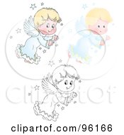 Digital Collage Of A Cute Blond Angel Shown In Airbrush Cartoon And Outline
