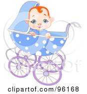 Cute Red Haired Baby Boy Looking Over The Edge Of A Blue Baby Pram