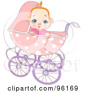 Poster, Art Print Of Cute Red Haired Baby Girl Looking Over The Edge Of A Pink Baby Pram