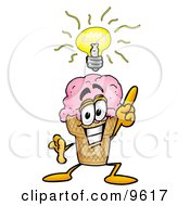 Clipart Picture Of An Ice Cream Cone Mascot Cartoon Character With A Bright Idea