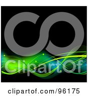 Royalty Free RF Clipart Illustration Of Waves Of Green Flowing Over A Black Background With Little Balls
