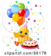 Poster, Art Print Of Cute Birthday Duck With Balloons Stars And A Cake