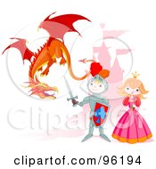 Poster, Art Print Of Cute Knight Protecting A Princess From A Mean Dragon Near A Castle