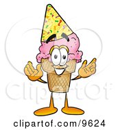 Clipart Picture Of An Ice Cream Cone Mascot Cartoon Character Wearing A Birthday Party Hat by Toons4Biz