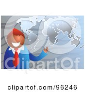 Royalty Free RF Clipart Illustration Of A Businessman Gesturing And Standing In Front Of A Gray Map