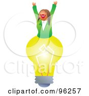 Royalty Free RF Clipart Illustration Of A Happy Creative Businesswoman On Top Of A Yellow Light Bulb