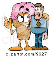 Clipart Picture Of An Ice Cream Cone Mascot Cartoon Character Talking To A Business Man by Mascot Junction