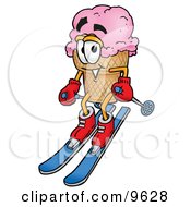Clipart Picture Of An Ice Cream Cone Mascot Cartoon Character Skiing Downhill by Mascot Junction