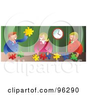 Poster, Art Print Of Happy Business Team Assembling Puzzle Solutions At A Table