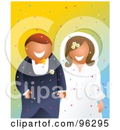 Poster, Art Print Of Smiling Bride And Groom Holding Hands And Walking Through Confetti