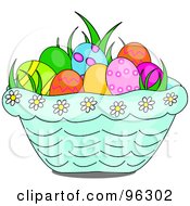 Poster, Art Print Of Grass And Easter Eggs In A Blue Daisy Basket