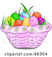 Poster, Art Print Of Grass And Easter Eggs In A Pink Daisy Basket