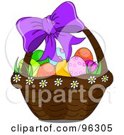 Purple Bow On A Basket Of Easter Eggs