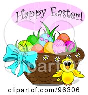 Poster, Art Print Of Happy Easter Greeting Over A Chick And Easter Basket