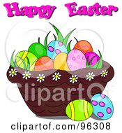 Poster, Art Print Of Happy Easter Greeting Over A Basket Of Grass And Easter Eggs