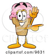 Ice Cream Cone Mascot Cartoon Character Waving And Pointing by Mascot Junction