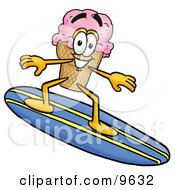 Ice Cream Cone Mascot Cartoon Character Surfing On A Blue And Yellow Surfboard by Mascot Junction