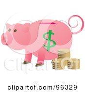 Pink Piggy Bank With Coins And A Curly Tail