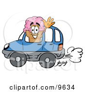 Ice Cream Cone Mascot Cartoon Character Driving A Blue Car And Waving by Mascot Junction