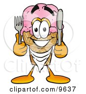 Clipart Picture Of An Ice Cream Cone Mascot Cartoon Character Holding A Knife And Fork
