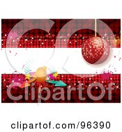Royalty Free RF Clipart Illustration Of A Red Disco Ball Background With A White Text Bar Arrows And Splatters by MilsiArt
