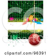 Poster, Art Print Of Red Disco Ball Hanging Over Green And White With A White Text Bar Arrows And Splatters