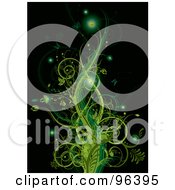 Background Of Glowing Floral Green Vines With Butterflies On Black