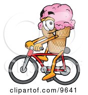 Ice Cream Cone Mascot Cartoon Character Riding A Bicycle