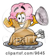 Ice Cream Cone Mascot Cartoon Character Serving A Thanksgiving Turkey On A Platter by Mascot Junction