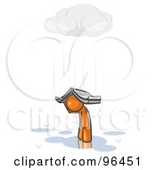 Lonely And Depressed Orange Man Holing A Book Over His Head To Shelter Himself From The Pouring Rain