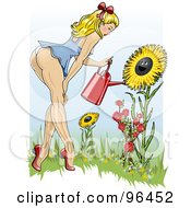 Royalty-Free (RF) Clipart Illustration of a Sexy Blond Pinup Woman Bending Over To Water Sunflowers In Her Garden by r formidable #COLLC96452-0131