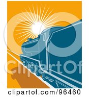 Royalty Free RF Clipart Illustration Of A Blue Steam Engine Traveling Towards The Sunset