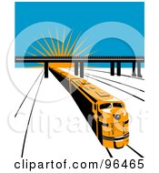 Poster, Art Print Of Yellow Diesel Train Traveling Away From A Sunrise