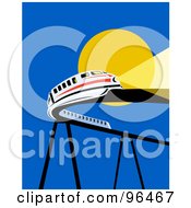 Poster, Art Print Of White Monorail Trail Traveling On A Curving Raised Bridge Against The Sun